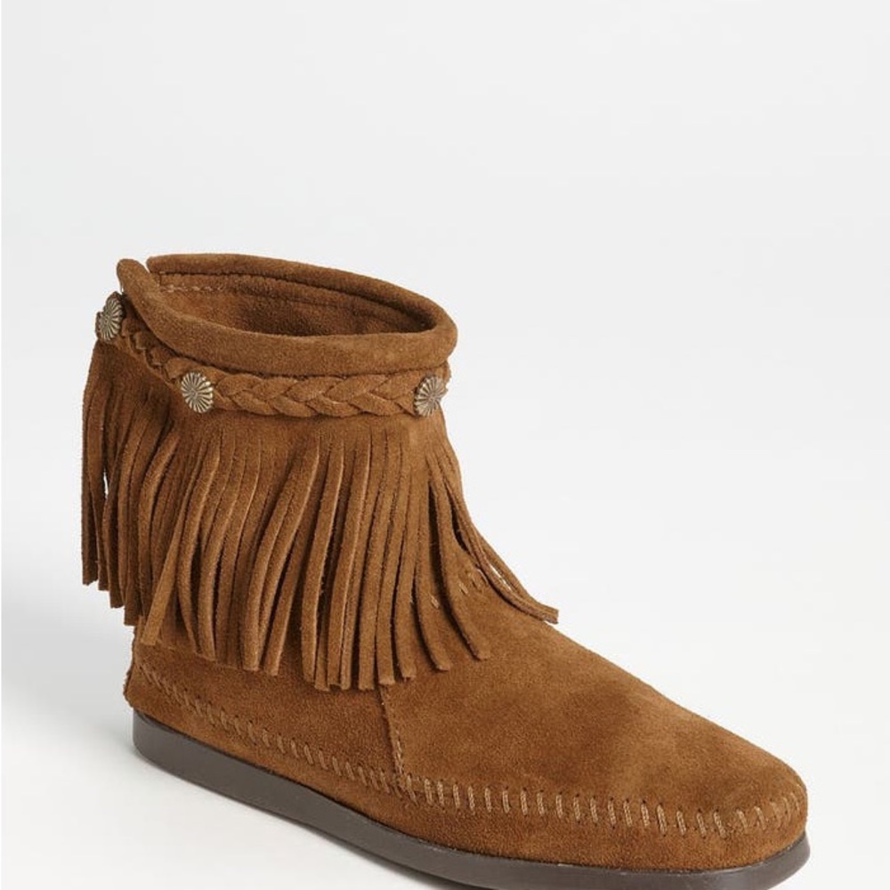 Minnetonka Brown Suede Fringe Bootie Moccasins